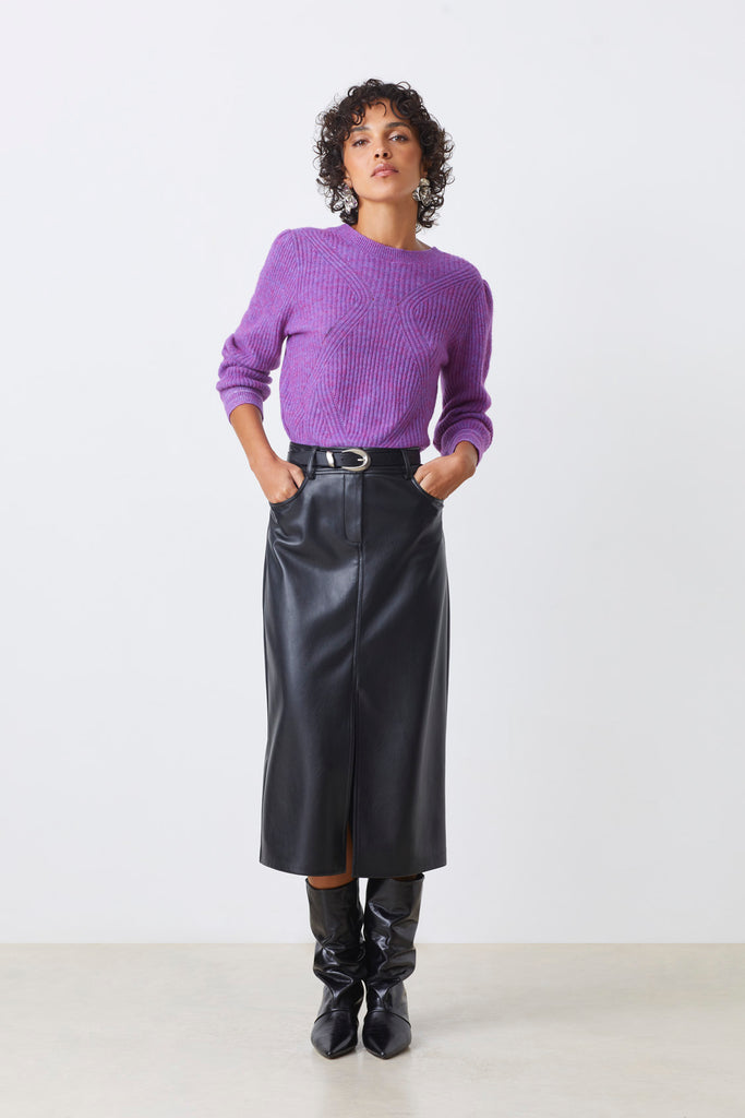 FRIDA - Black faux leather midi skirt - Suncoo HK