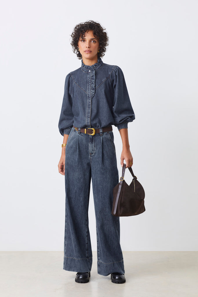 LIVELY - Denim blouse with ruffled details - Suncoo HK