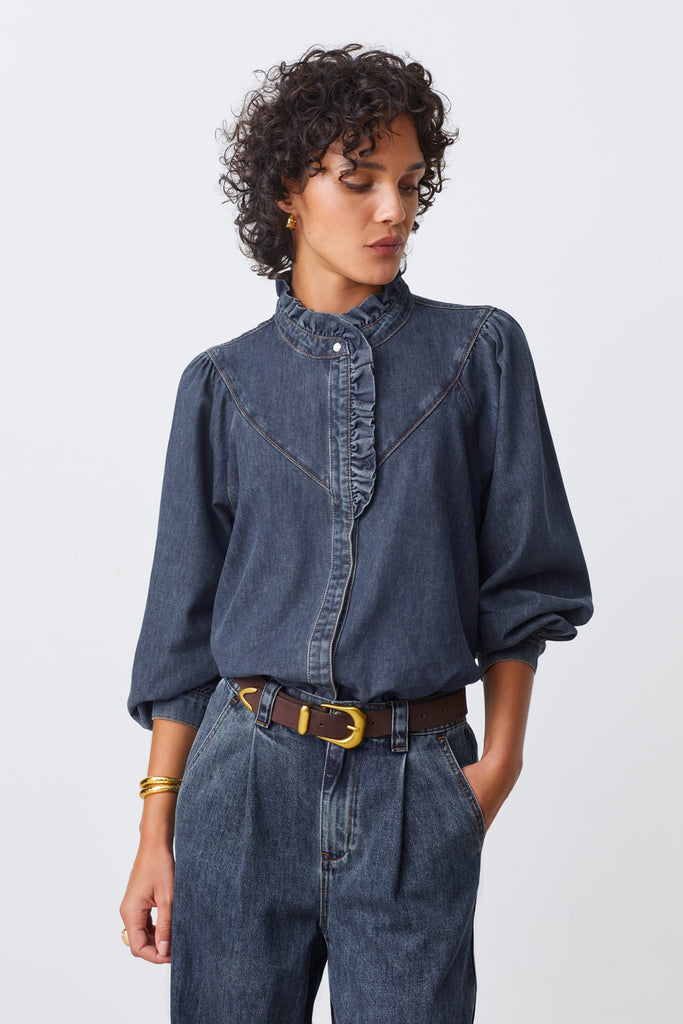 LIVELY - Denim blouse with ruffled details - Suncoo HK