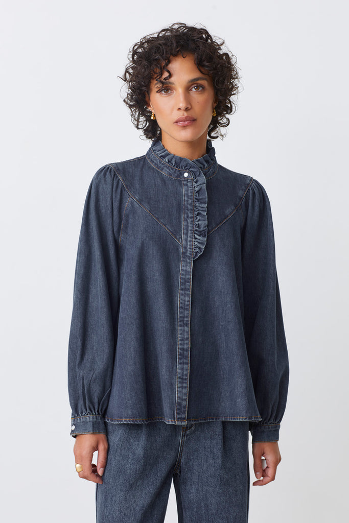 LIVELY - Denim blouse with ruffled details - Suncoo HK