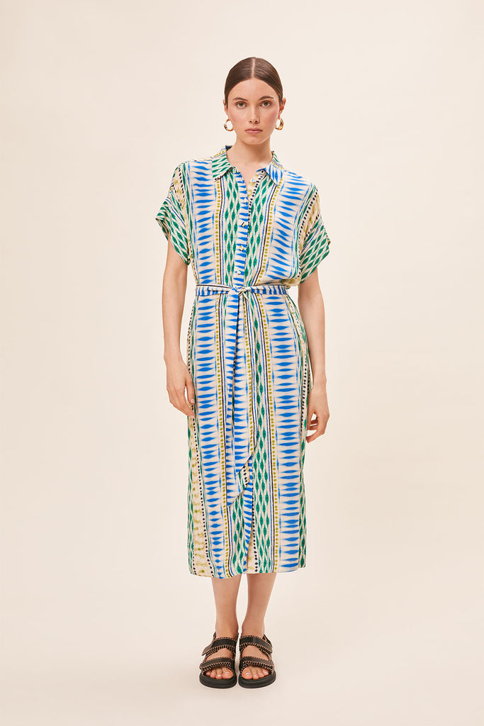 Cara - Fluid shirt dress with geo ethnic print - Suncoo HK