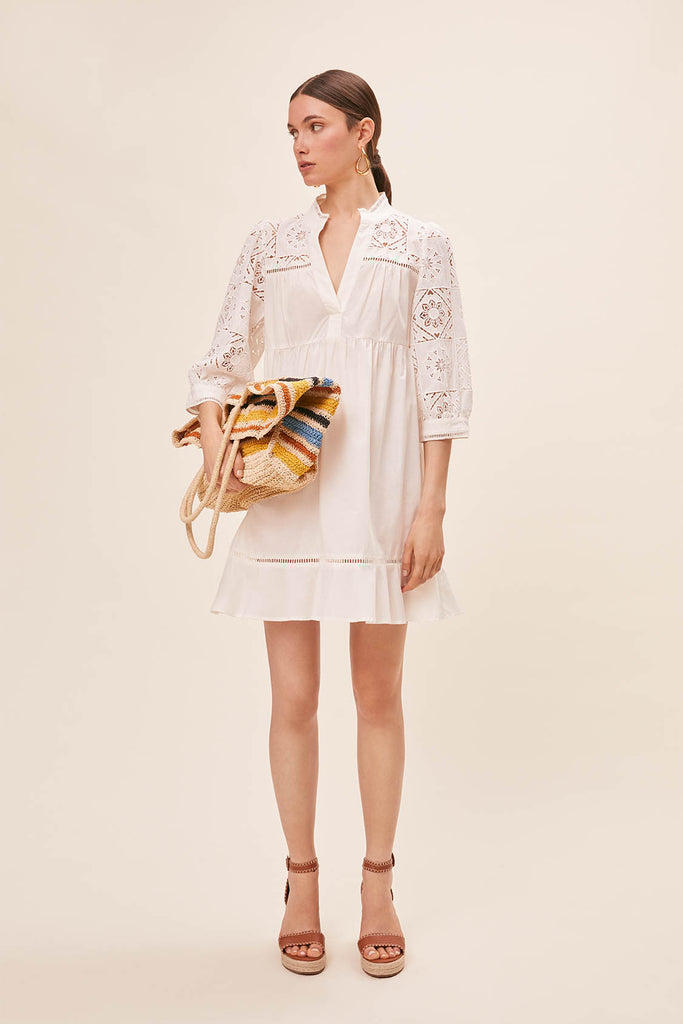 Ceylan - Cotton embroidered short dress with crochet effect - Suncoo HK