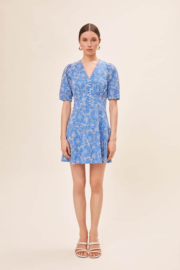 Cindy - Two-tone blue embroidered babydoll short dress - Suncoo HK