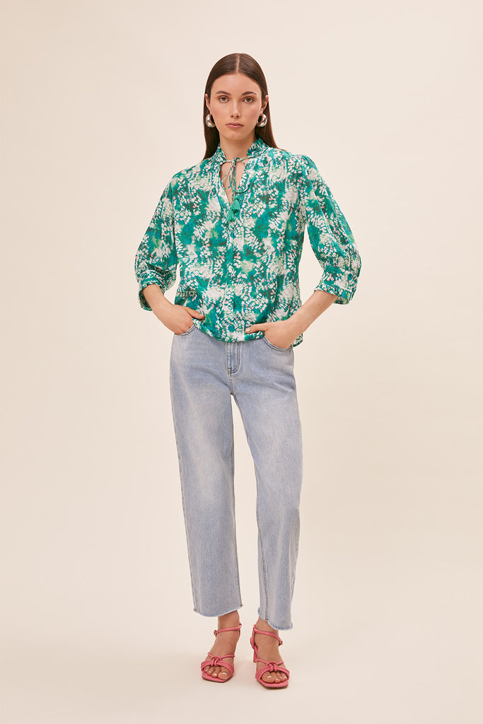 Lamar - Green print cotton blouse - Suncoo HK