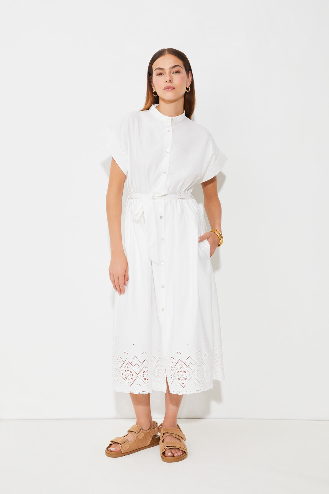 CEYLAN - White Embroidered Buttoned Midi Dress | Suncoo HK
