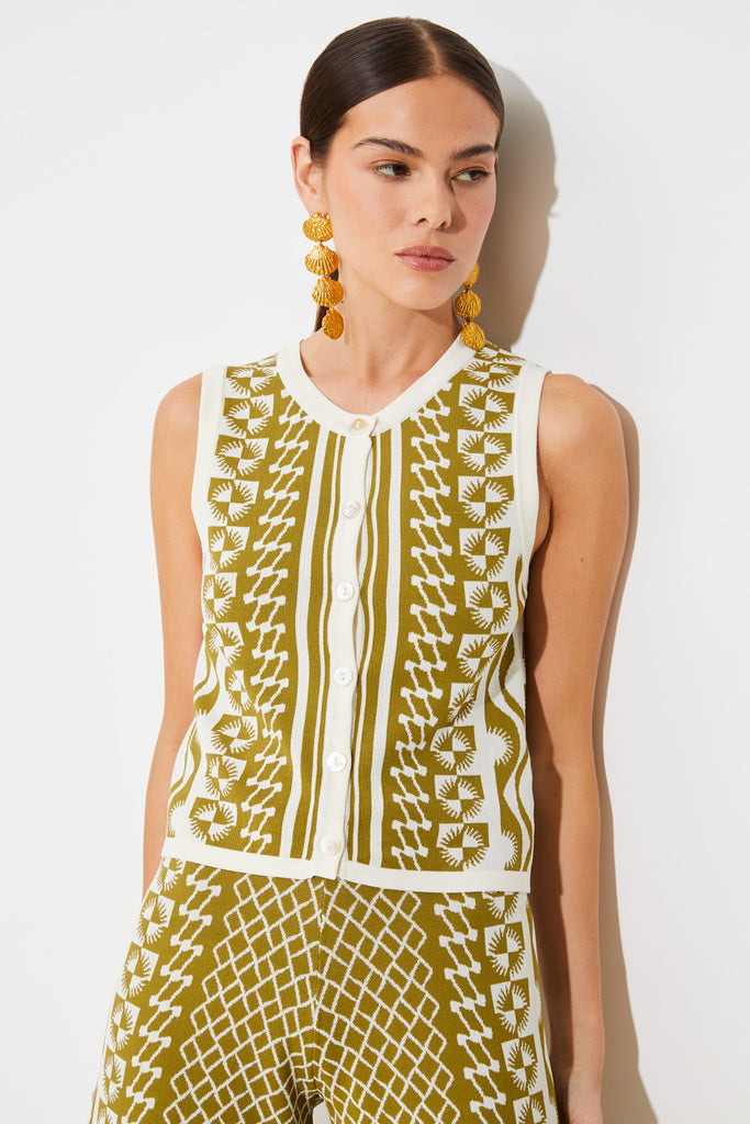 GABLESI - Sleeveless Khaki And White Jacquard Cardigan - Suncoo HK