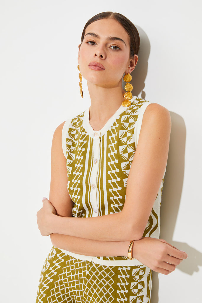GABLESI - Sleeveless Khaki And White Jacquard Cardigan - Suncoo HK