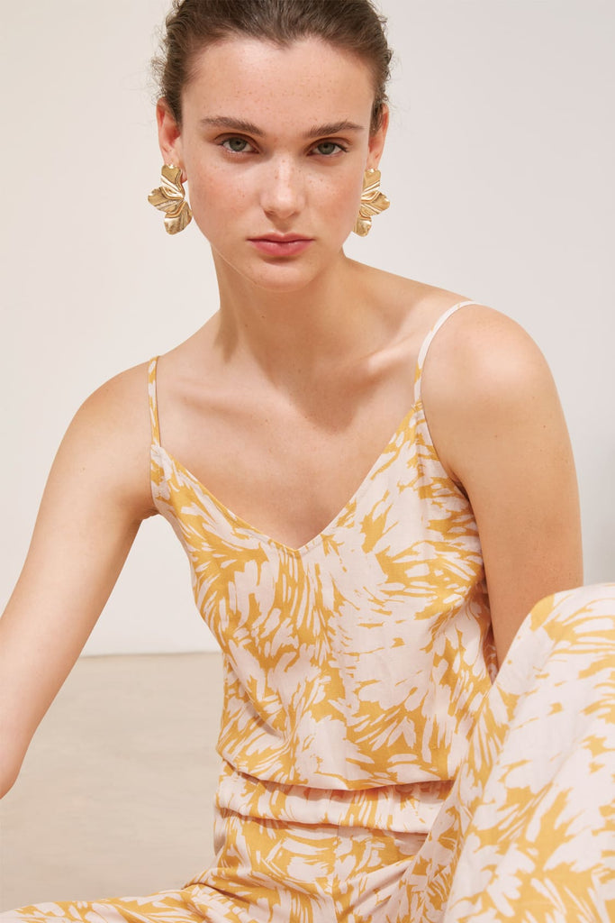 Tara - Two-Coloured Leave Print Straped Jumpsuit - Suncoo HK