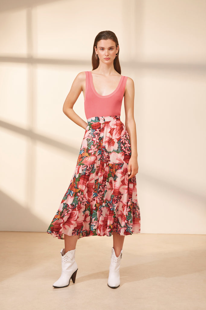Fresca - Tropical Floral Print Buttoned Skirt - Suncoo HK