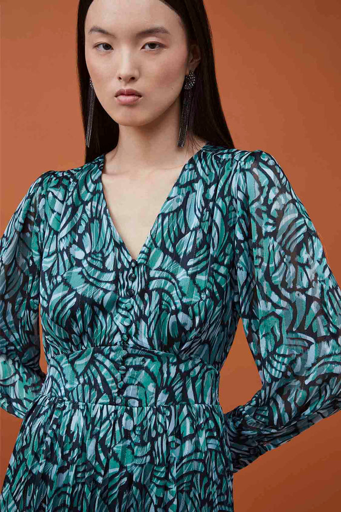 Cedra - Foliage print buttoned midi dress - Suncoo HK