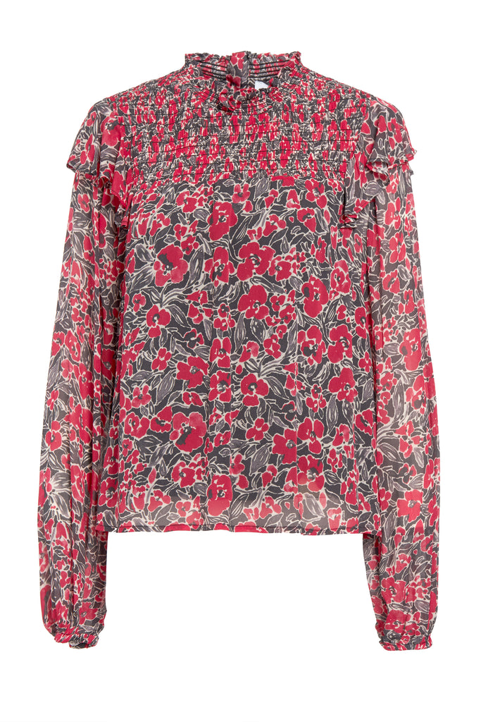 Lenais - Red Printed Fluid Blouse With Smocks And Ruffles Details - Suncoo HK