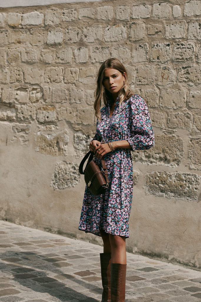 Cerise - Vintage Floral Printed Belted Shirt Dress - Suncoo HK
