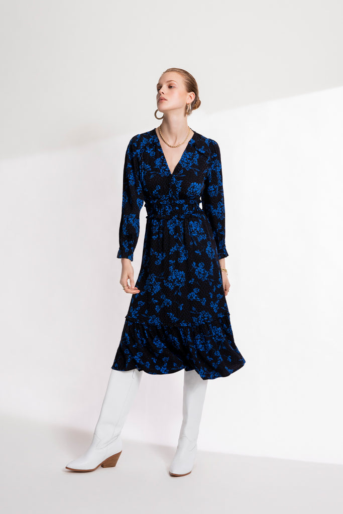 Ciara - Two-Coloured Midi Floral Printed Dress - Suncoo HK