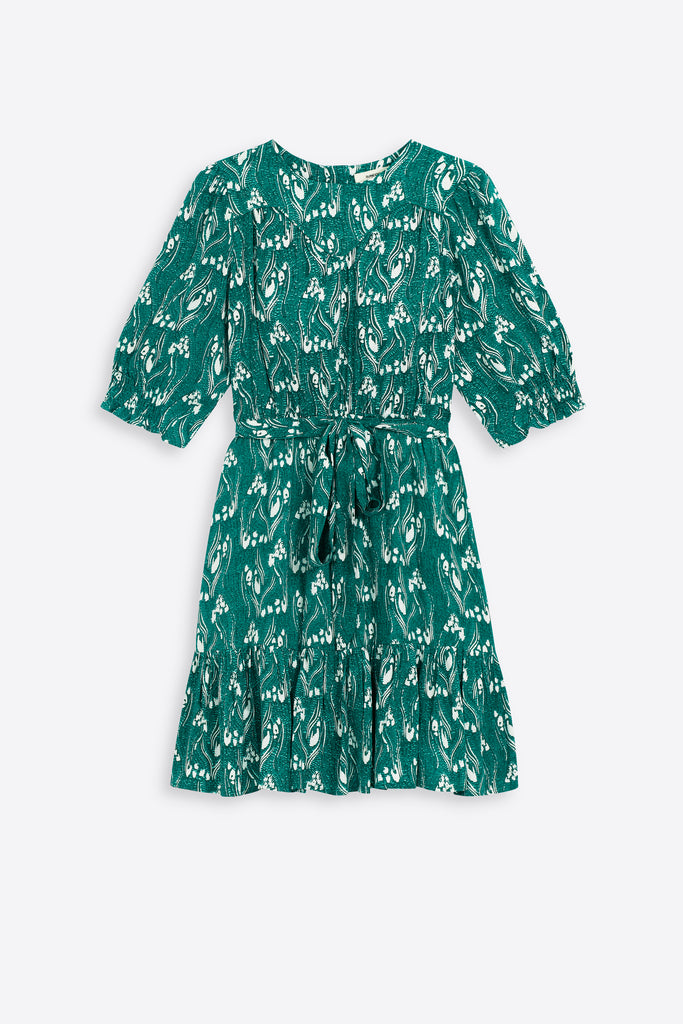 Cilya - Green Floral Print Belted Dress - Suncoo HK