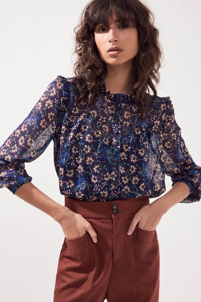 Lisemay - Midnight Blue Floral Printed Blouse With Ruffles Details - Suncoo HK