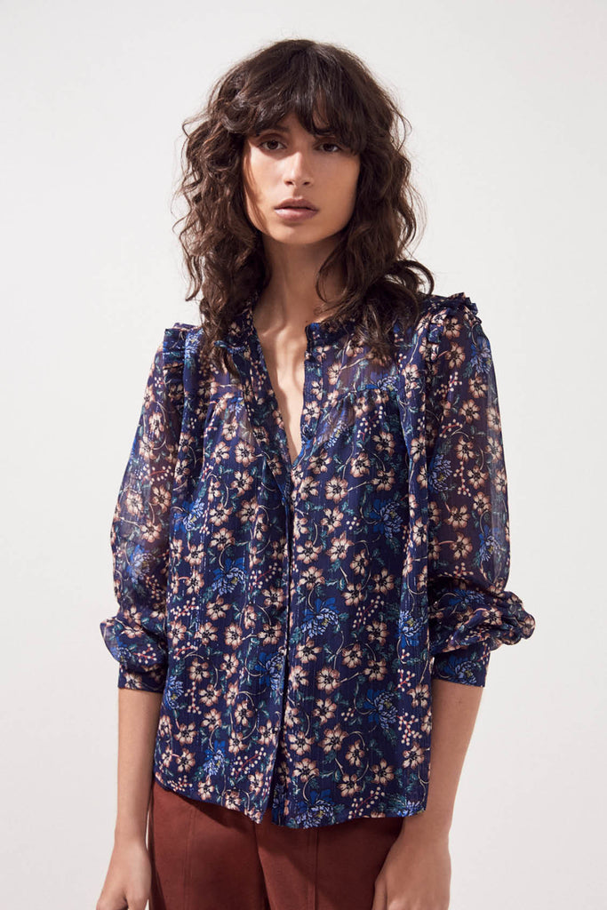 Lisemay - Midnight Blue Floral Printed Blouse With Ruffles Details - Suncoo HK