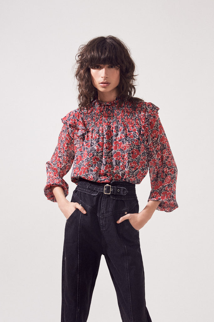 Lenais - Red Printed Fluid Blouse With Smocks And Ruffles Details - Suncoo HK