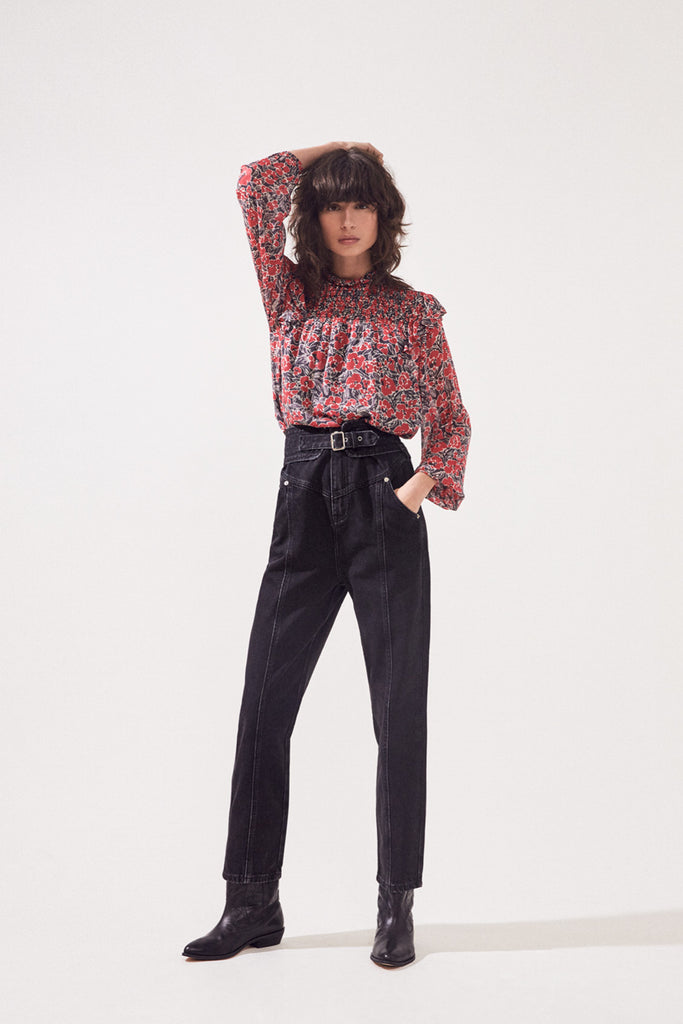Lenais - Red Printed Fluid Blouse With Smocks And Ruffles Details - Suncoo HK