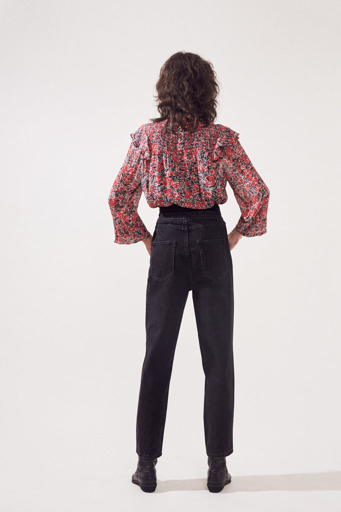 Lenais - Red Printed Fluid Blouse With Smocks And Ruffles Details - Suncoo HK