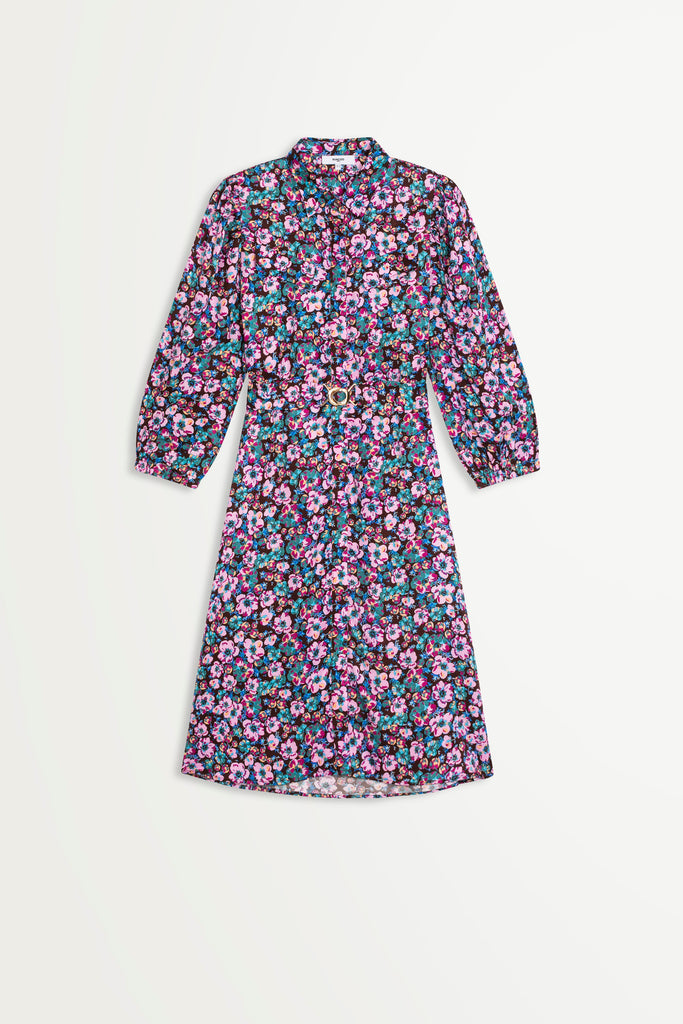 Cerise - Vintage Floral Printed Belted Shirt Dress - Suncoo HK
