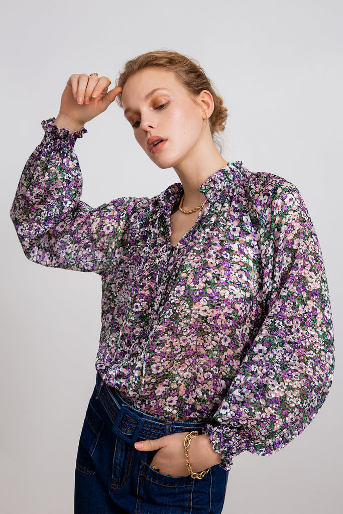 Leony - Bow Liberty Printed Fluid Blouse - Suncoo HK