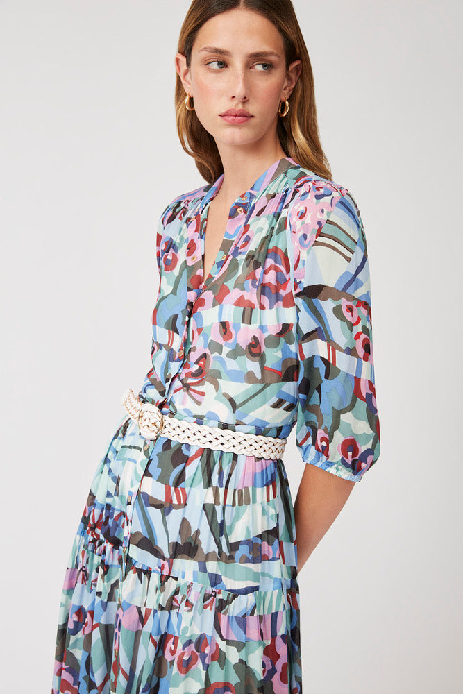 Camila - Geometric Floral Pattern Shirt Dress - Suncoo HK