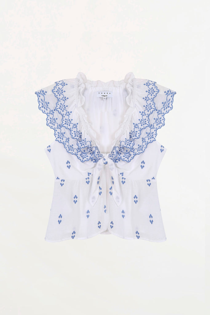 Lexi - Embroidered Blue Detail Short Blouse - Suncoo HK