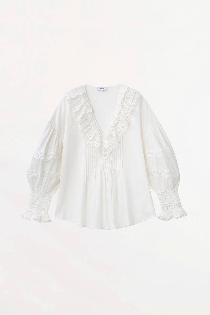 Lydia - Cotton Buttoned Blouse With Lace Details - Suncoo HK